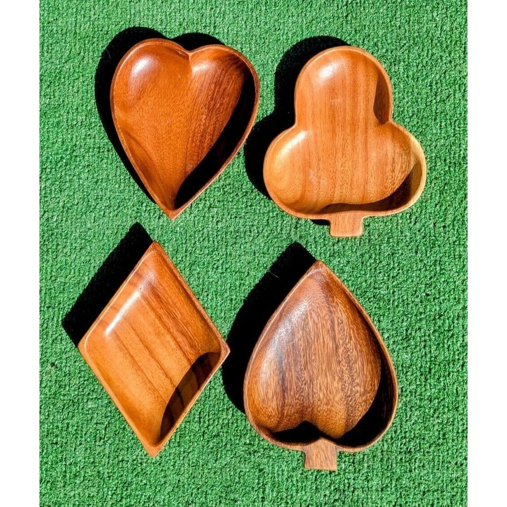 Wooden Bowls Heart Club Spade Diamond Playing Card Suits Monkey Pod Wood 4pc Set - Picture 2 of 8
